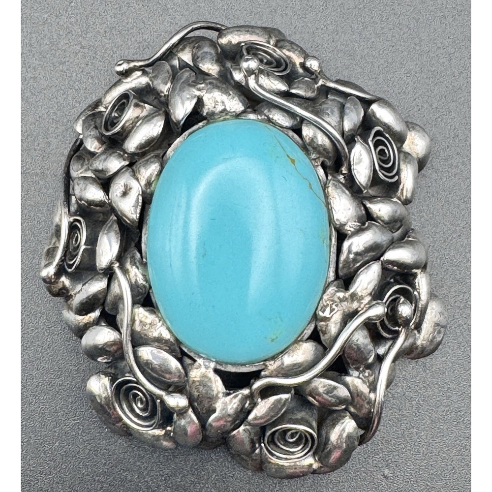 Sterling Silver 925 Turquoise Cabochon Pendant‎ Brooch Botanical Floral 46.9g